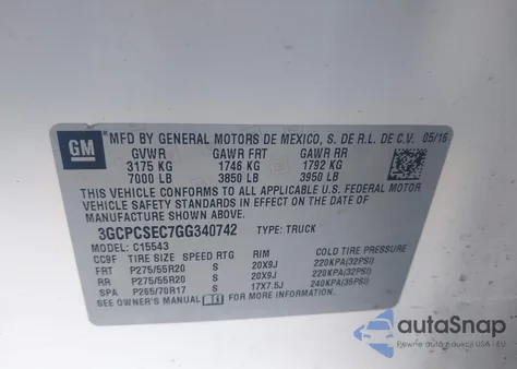 2016 Chevrolet Silverado 1500 1Lz z USA, uszkodzony, nr VIN 3GCPCSEC7GG340742